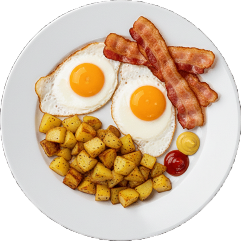 Ägg och bacon med stekt potatis, senap och ketchup