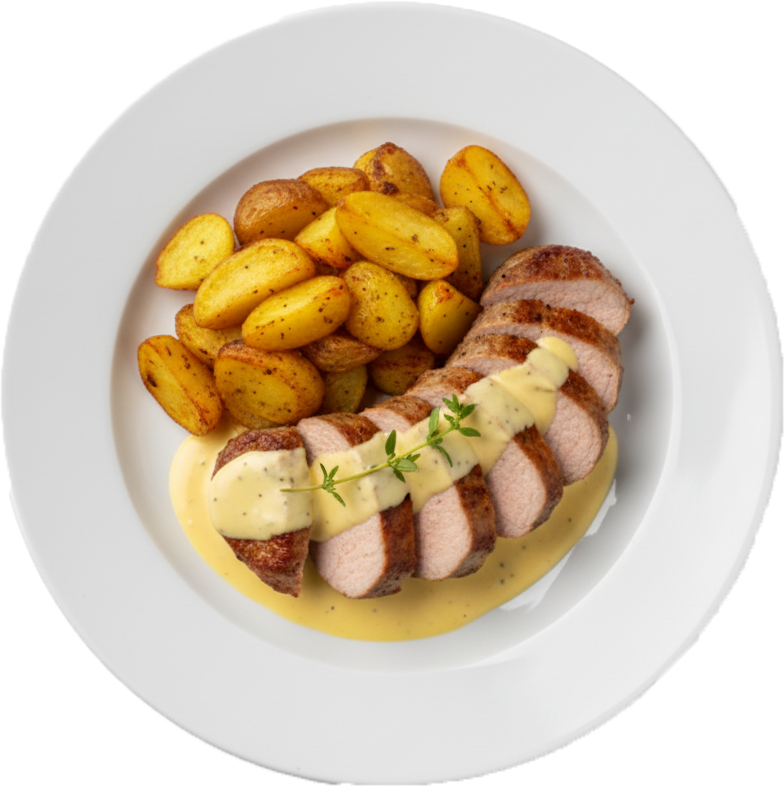 helstekt fläskfilé med stekt potatis och béarnaisesás