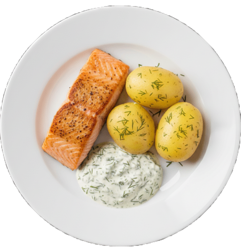 helstekt laxfilé med kokt potatis och dillsas