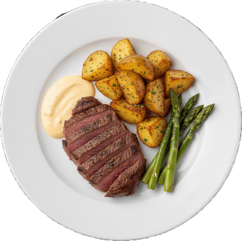 stekt entrecote med stekt potatis, bearnaisesås och sparris