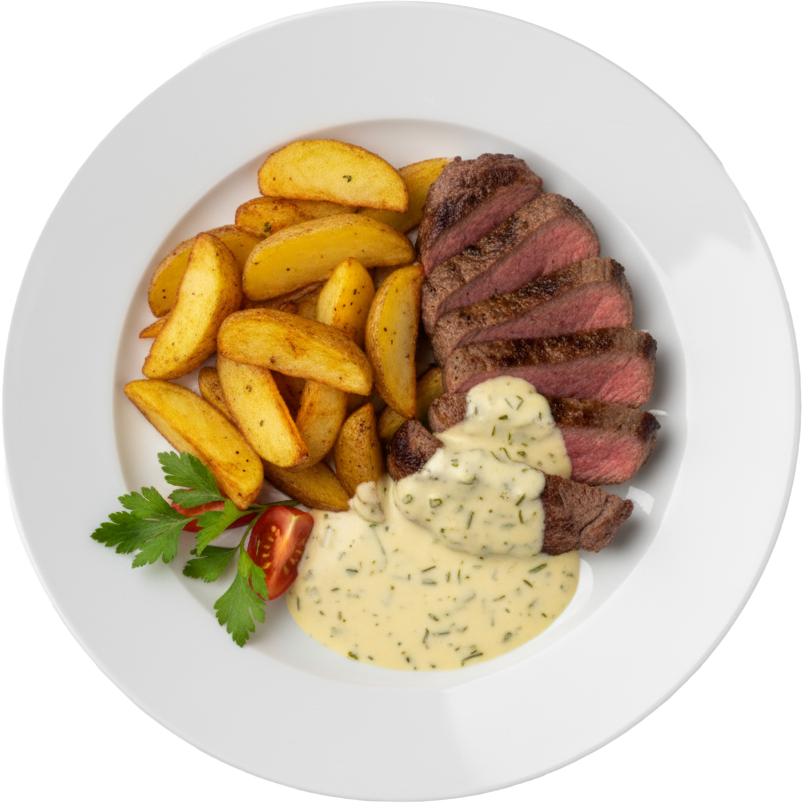 stekt ryggbiff med stekt potatis bearnaisesås